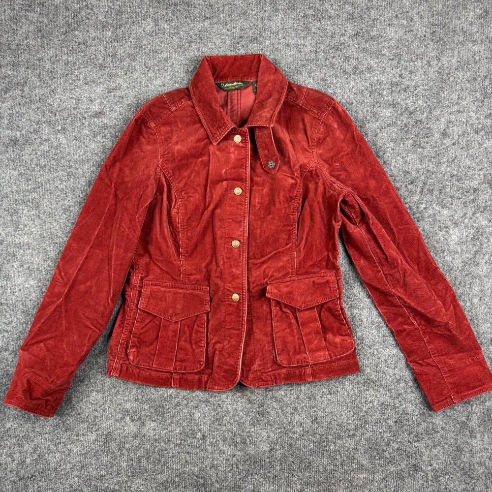 Eddie Bauer Jacket Womens Size M Red Corduroy Button Front Utility Pockets Flaw